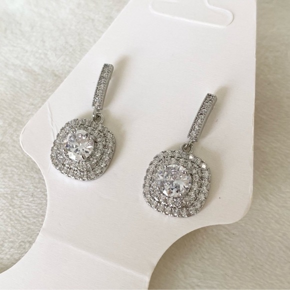 Diamond Halo Square Pendant Drop Dangle Earrings Bridal Wedding New - Picture 4 of 6